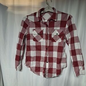 Women's Red and White Plaid Button Down Shirt